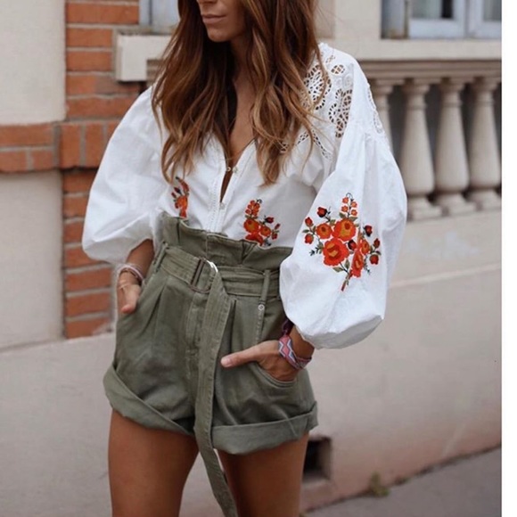 Zara Olive High Waist Paperbag Shorts - Picture 2 of 11